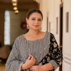 Black Cotton Printed Kurta Pant Dupatta Set (Plus Size)