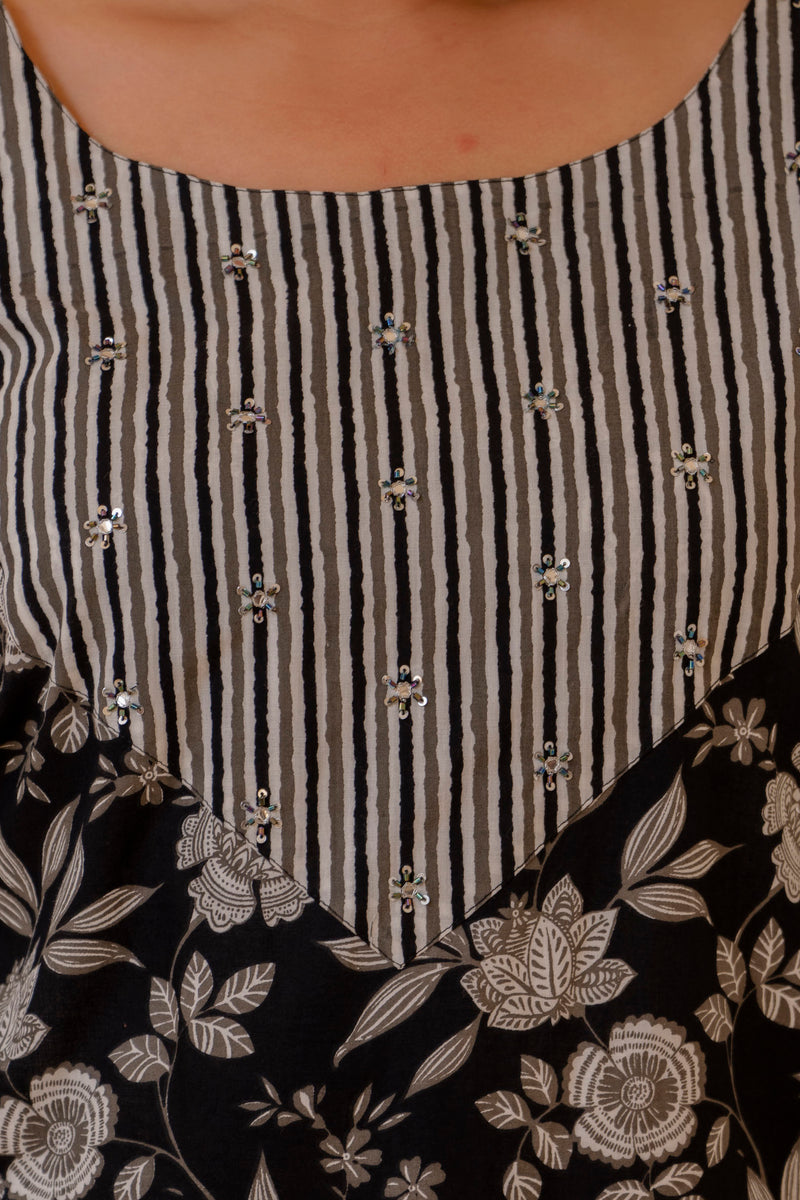 Black Cotton Printed Kurta Pant Dupatta Set (Plus Size)