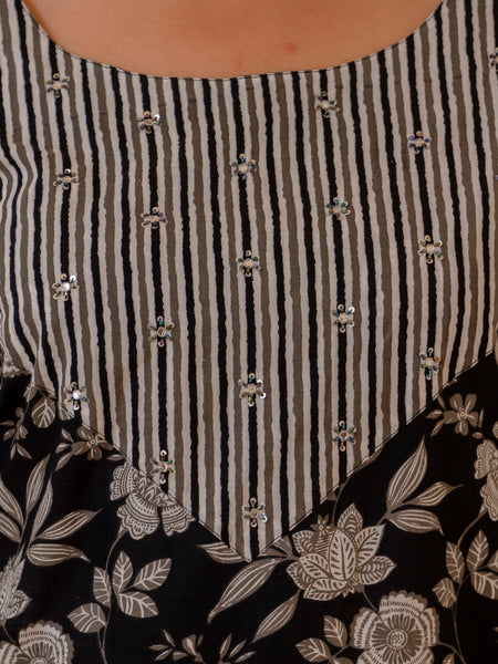 Black Cotton Printed Kurta Pant Dupatta Set (Plus Size)