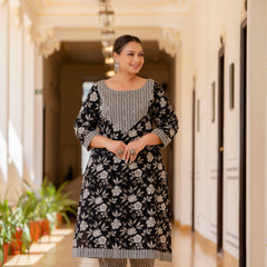 Black Cotton Printed Kurta Pant Dupatta Set (Plus Size)