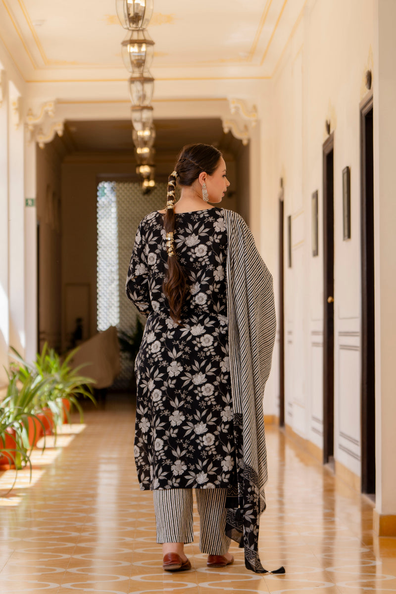 Black Cotton Printed Kurta Pant Dupatta Set (Plus Size)