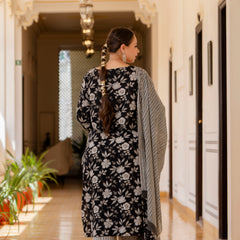 Black Cotton Printed Kurta Pant Dupatta Set (Plus Size)
