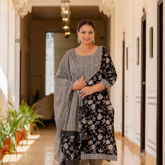 Black Cotton Printed Kurta Pant Dupatta Set (Plus Size)