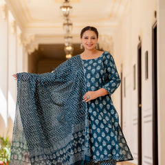 Blue Cotton Printed Kurta Pant Dupatta Set (Plus Size)