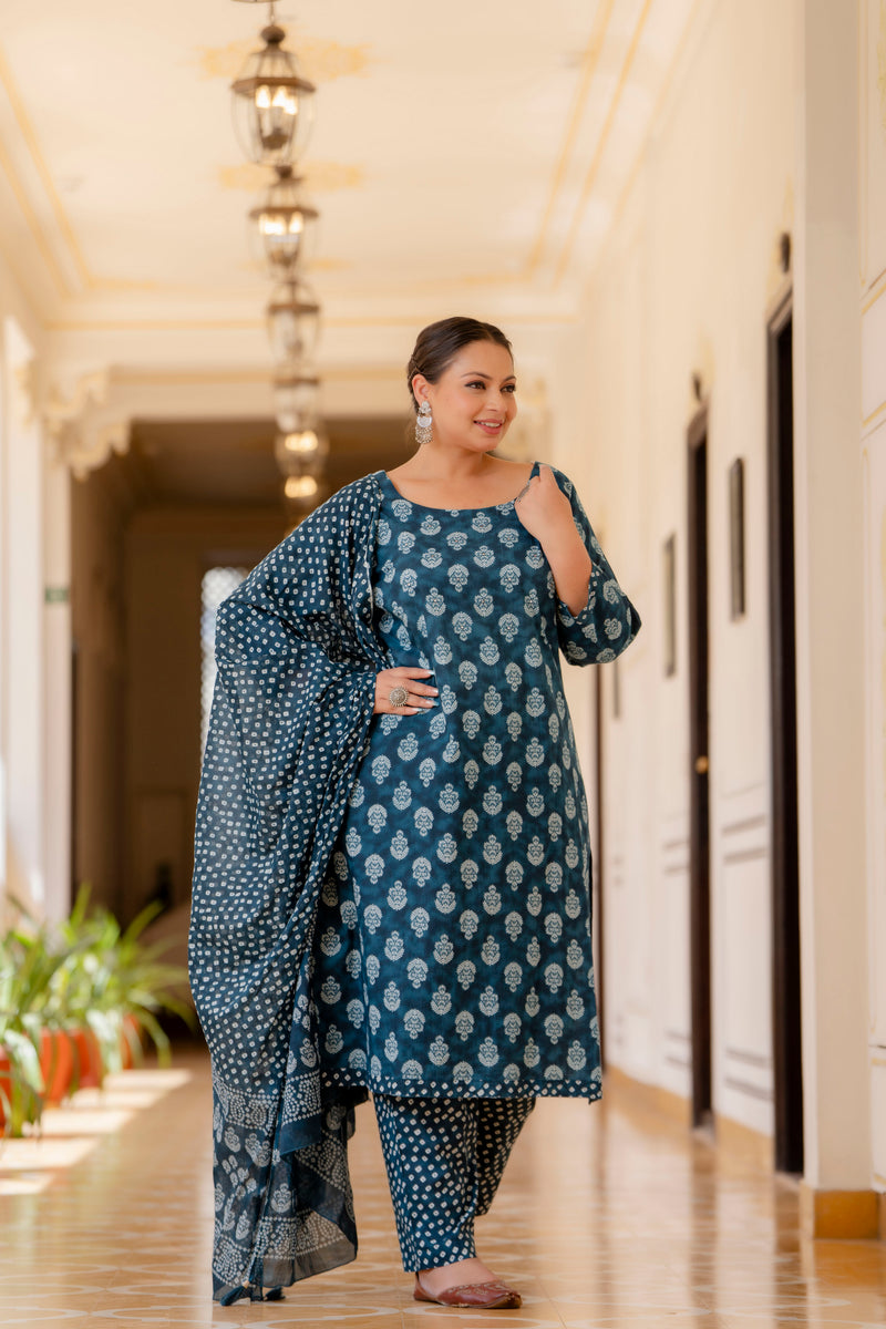 Blue Cotton Printed Kurta Pant Dupatta Set (Plus Size)