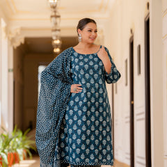 Blue Cotton Printed Kurta Pant Dupatta Set (Plus Size)