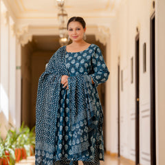 Blue Cotton Printed Kurta Pant Dupatta Set (Plus Size)