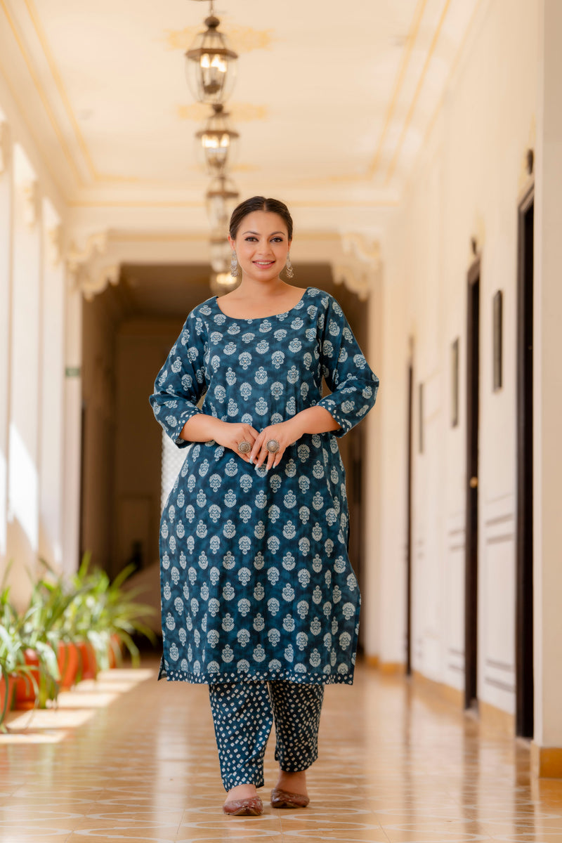 Blue Cotton Printed Kurta Pant Dupatta Set (Plus Size)