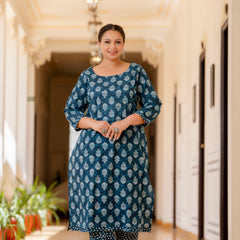 Blue Cotton Printed Kurta Pant Dupatta Set (Plus Size)