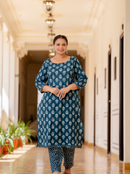 Blue Cotton Printed Kurta Pant Dupatta Set (Plus Size)