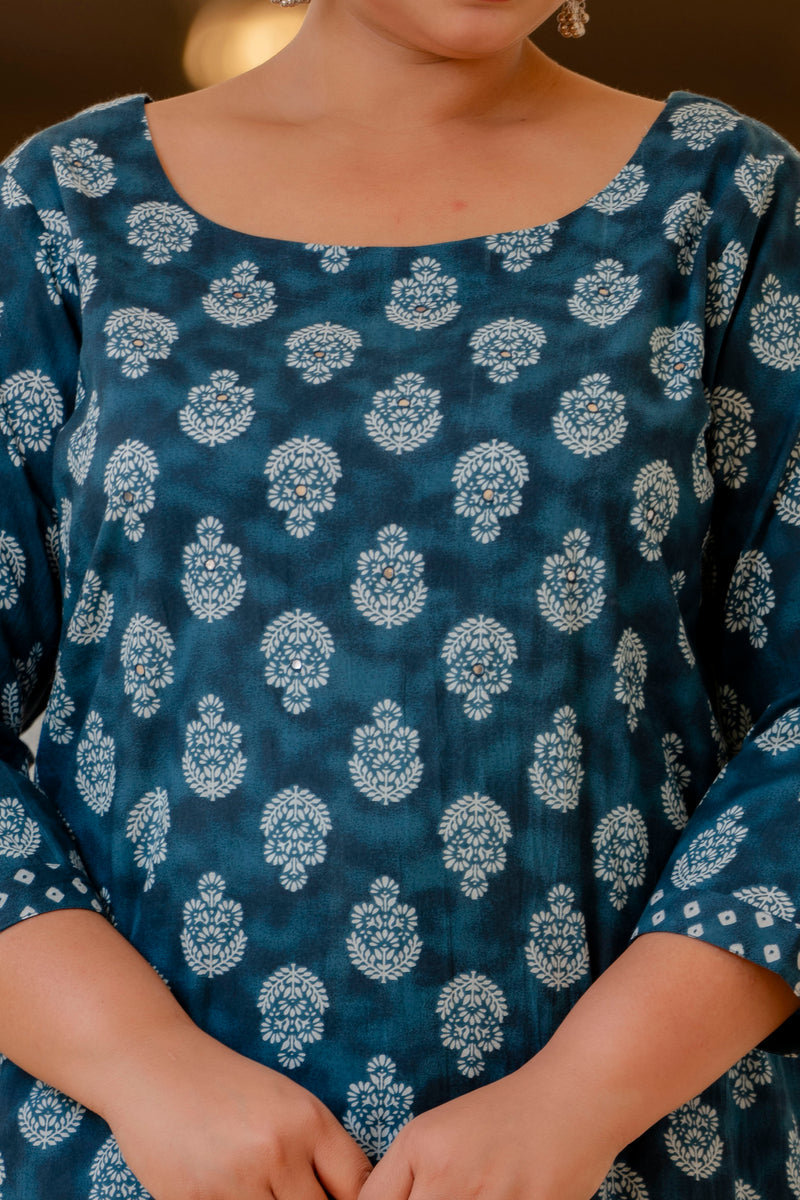 Blue Cotton Printed Kurta Pant Dupatta Set (Plus Size)