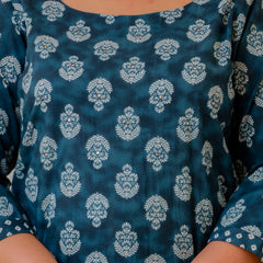 Blue Cotton Printed Kurta Pant Dupatta Set (Plus Size)