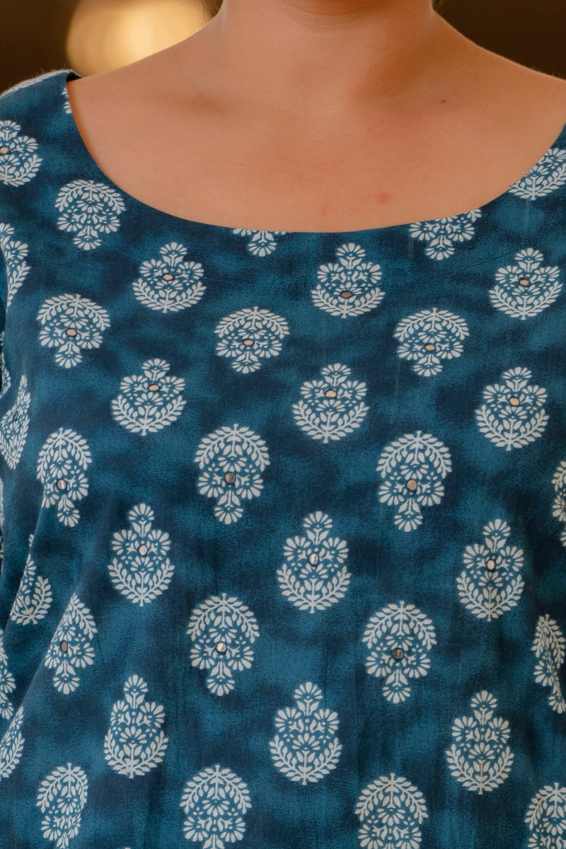 Blue Cotton Printed Kurta Pant Dupatta Set (Plus Size)