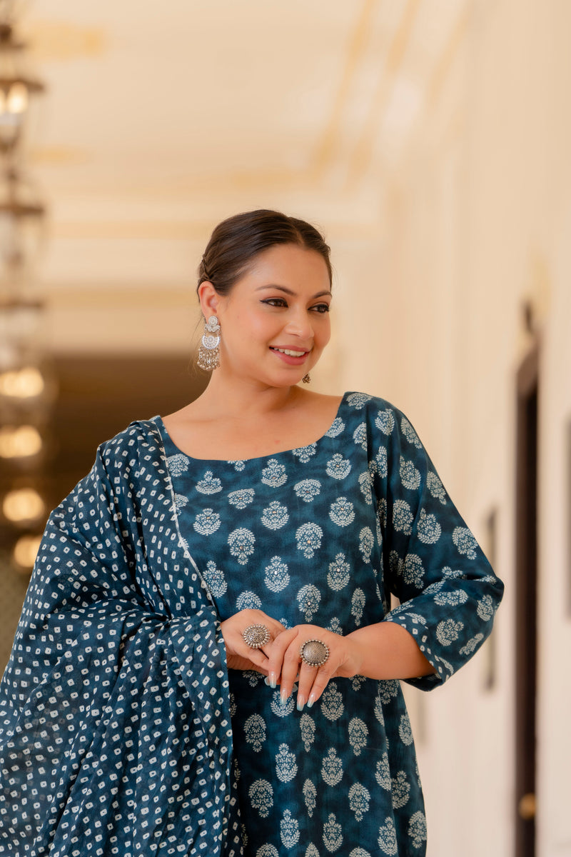 Blue Cotton Printed Kurta Pant Dupatta Set (Plus Size)