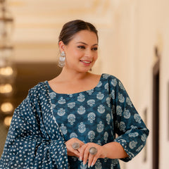 Blue Cotton Printed Kurta Pant Dupatta Set (Plus Size)