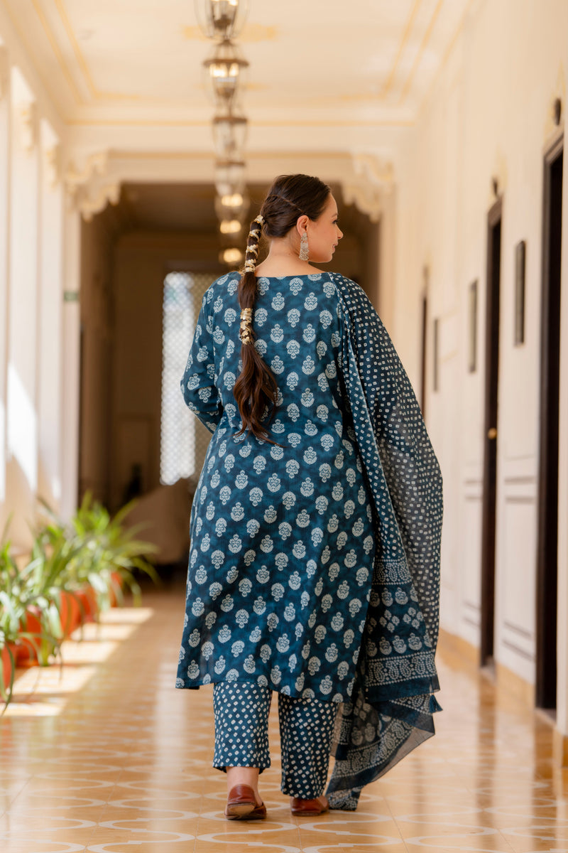 Blue Cotton Printed Kurta Pant Dupatta Set (Plus Size)