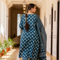 Blue Cotton Printed Kurta Pant Dupatta Set (Plus Size)