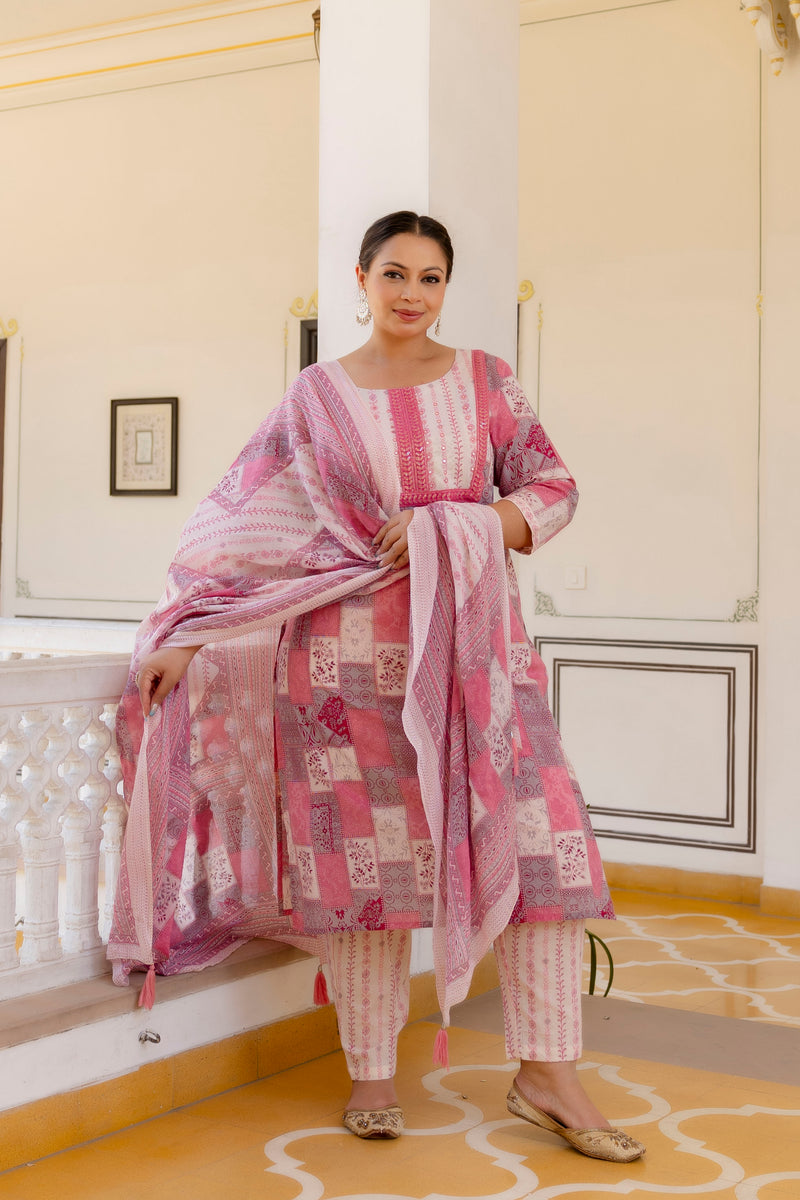 Pink Cotton Printed Kurta Pant Dupatta Set (Plus Size)