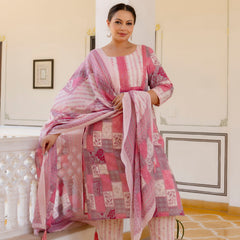 Pink Cotton Printed Kurta Pant Dupatta Set (Plus Size)