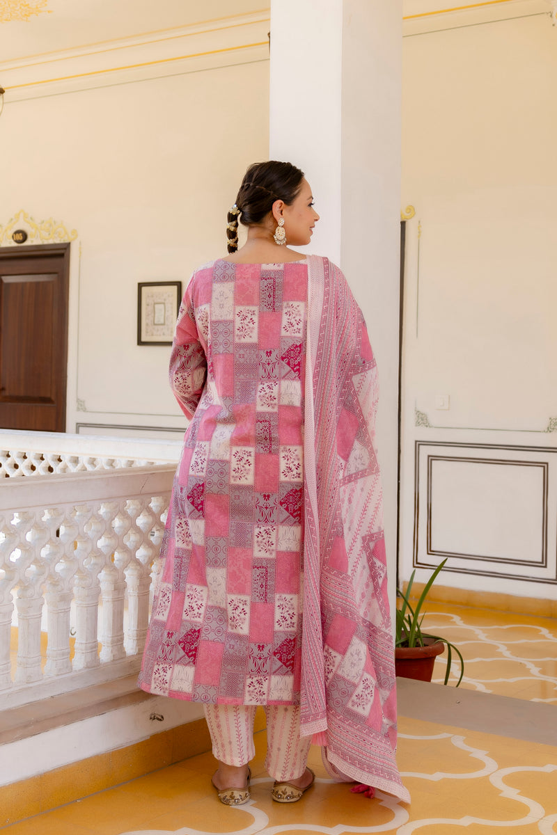 Pink Cotton Printed Kurta Pant Dupatta Set (Plus Size)
