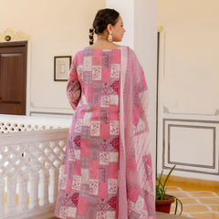 Pink Cotton Printed Kurta Pant Dupatta Set (Plus Size)