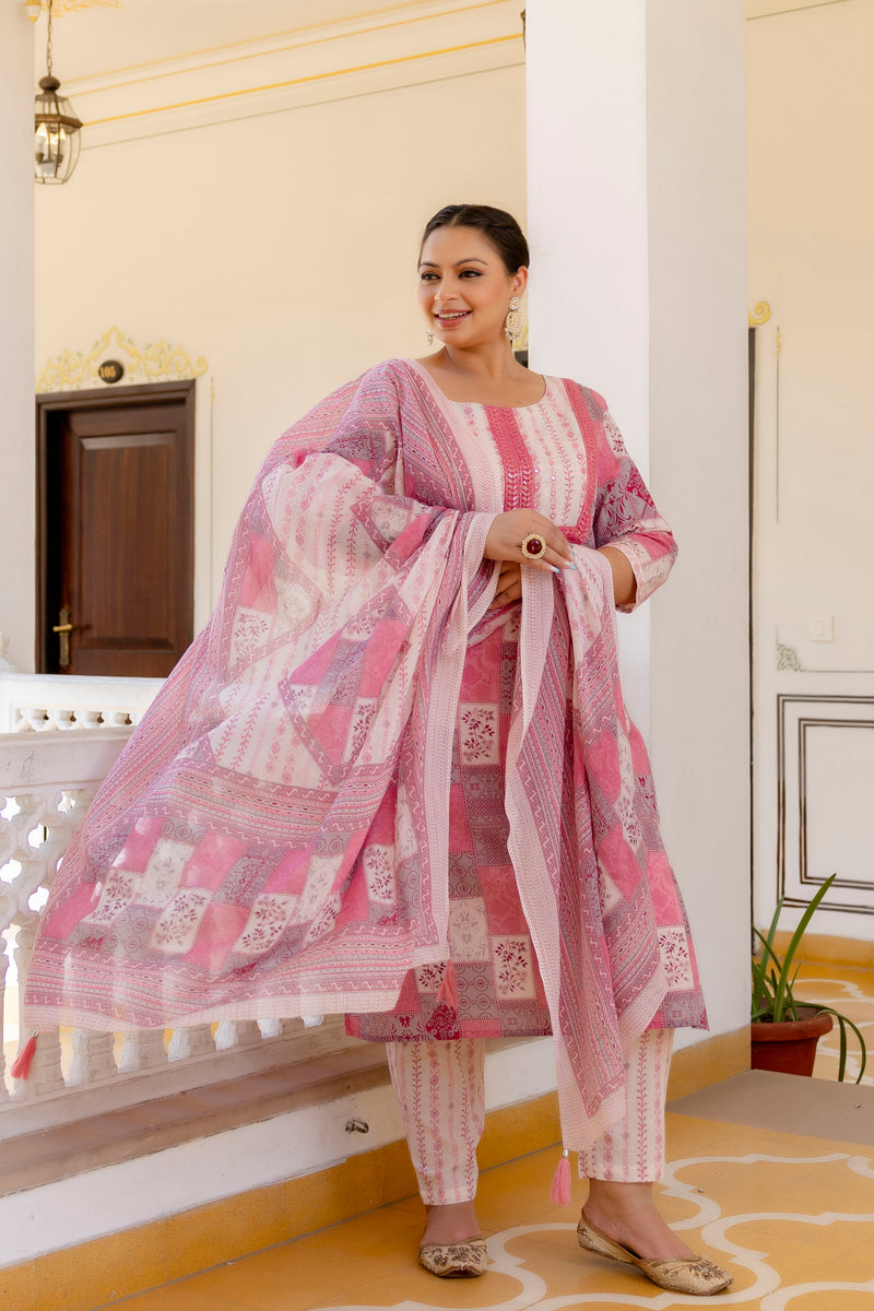 Pink Cotton Printed Kurta Pant Dupatta Set (Plus Size)