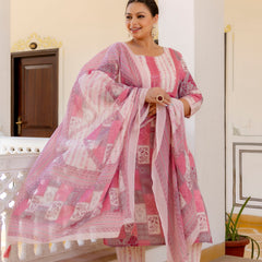 Pink Cotton Printed Kurta Pant Dupatta Set (Plus Size)