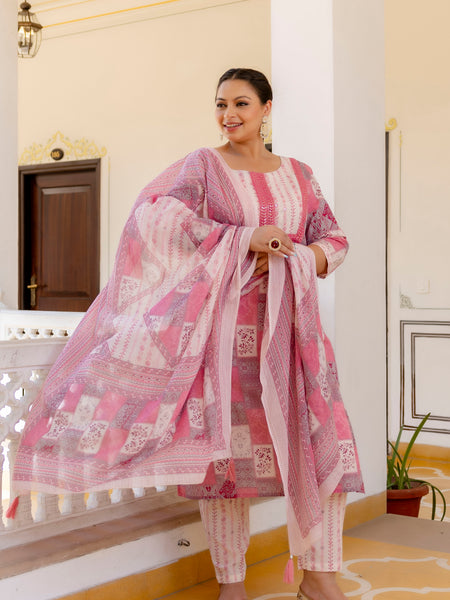 Pink Cotton Printed Kurta Pant Dupatta Set (Plus Size)