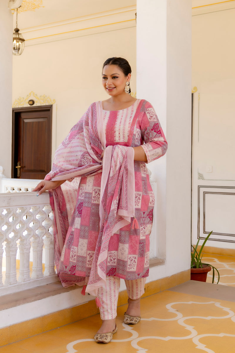 Pink Cotton Printed Kurta Pant Dupatta Set (Plus Size)