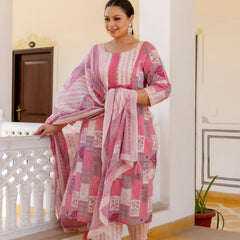 Pink Cotton Printed Kurta Pant Dupatta Set (Plus Size)