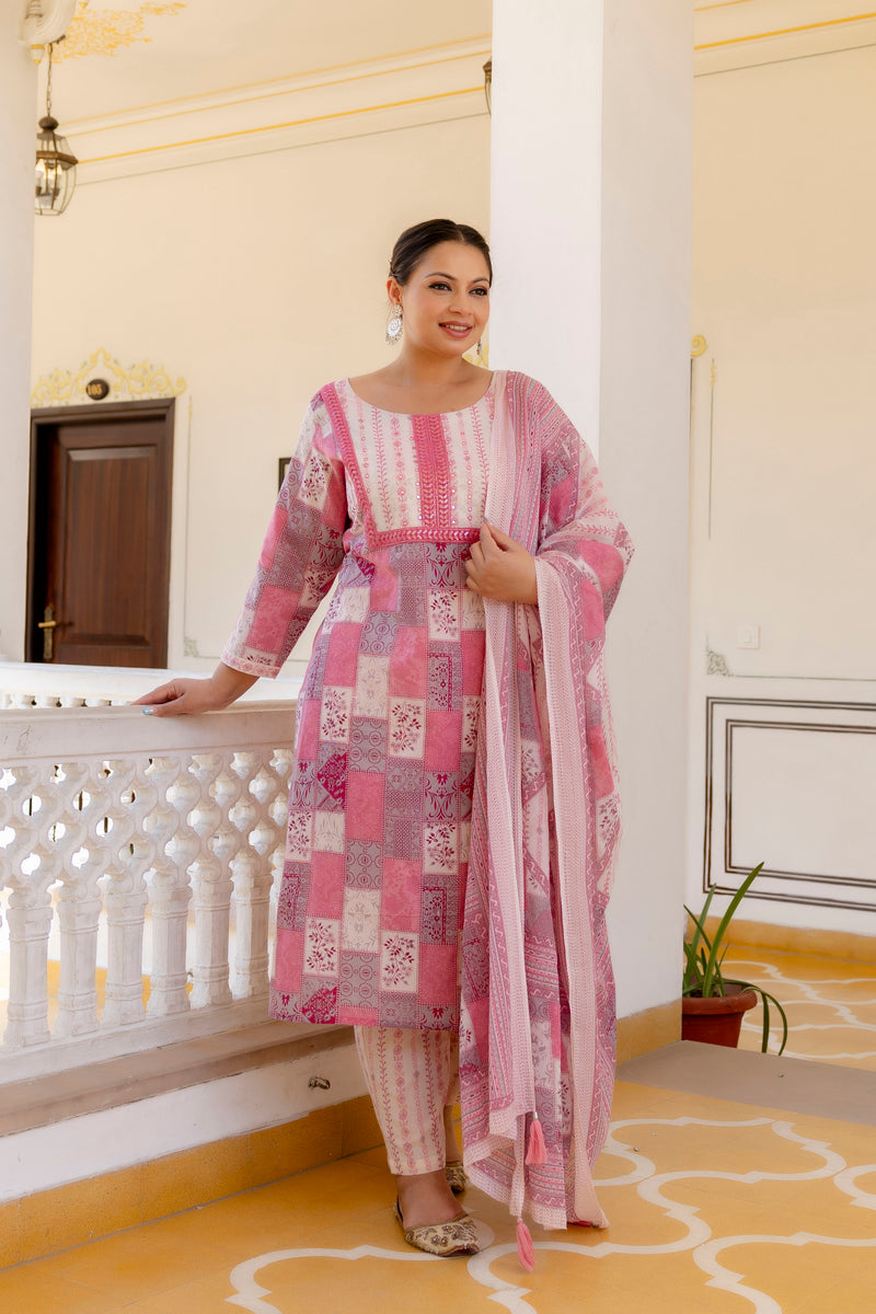 Pink Cotton Printed Kurta Pant Dupatta Set (Plus Size)