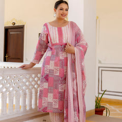 Pink Cotton Printed Kurta Pant Dupatta Set (Plus Size)