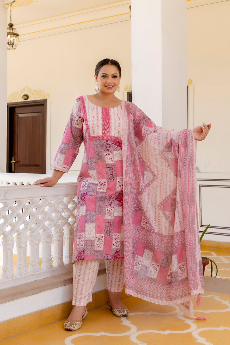 Pink Cotton Printed Kurta Pant Dupatta Set (Plus Size)