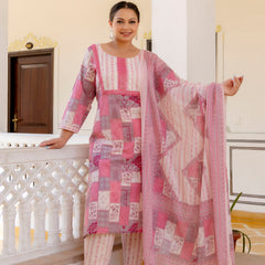 Pink Cotton Printed Kurta Pant Dupatta Set (Plus Size)