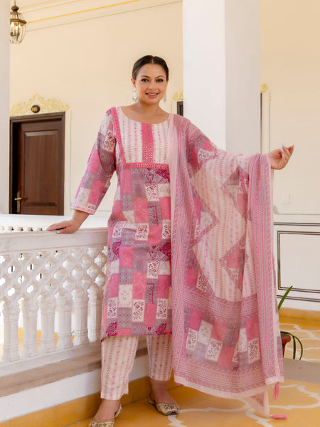 Pink Cotton Printed Kurta Pant Dupatta Set (Plus Size)