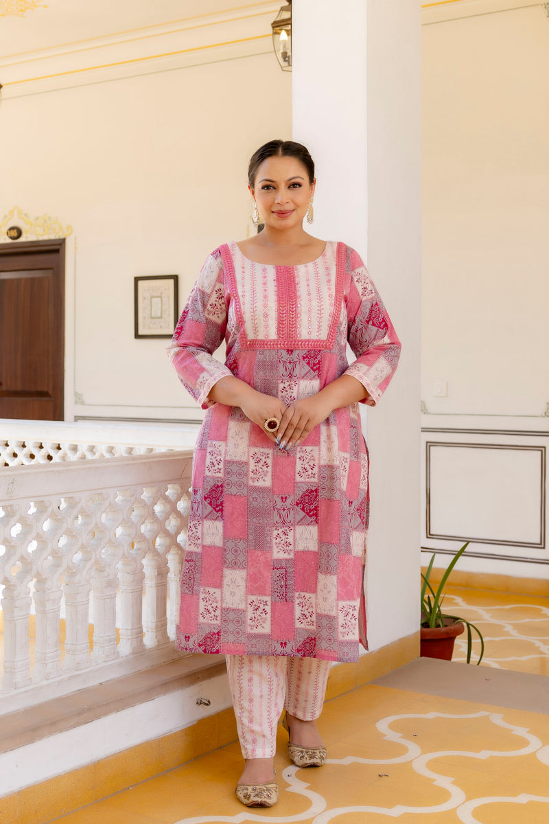 Pink Cotton Printed Kurta Pant Dupatta Set (Plus Size)