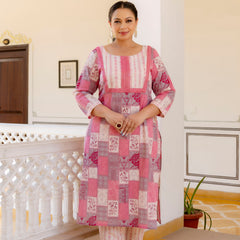 Pink Cotton Printed Kurta Pant Dupatta Set (Plus Size)