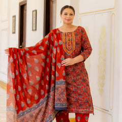 Red Printed Cotton Kurta Pant Dupatta Set for Women (Plus Size)