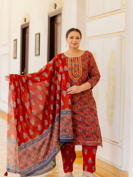 Red Printed Cotton Kurta Pant Dupatta Set for Women (Plus Size)