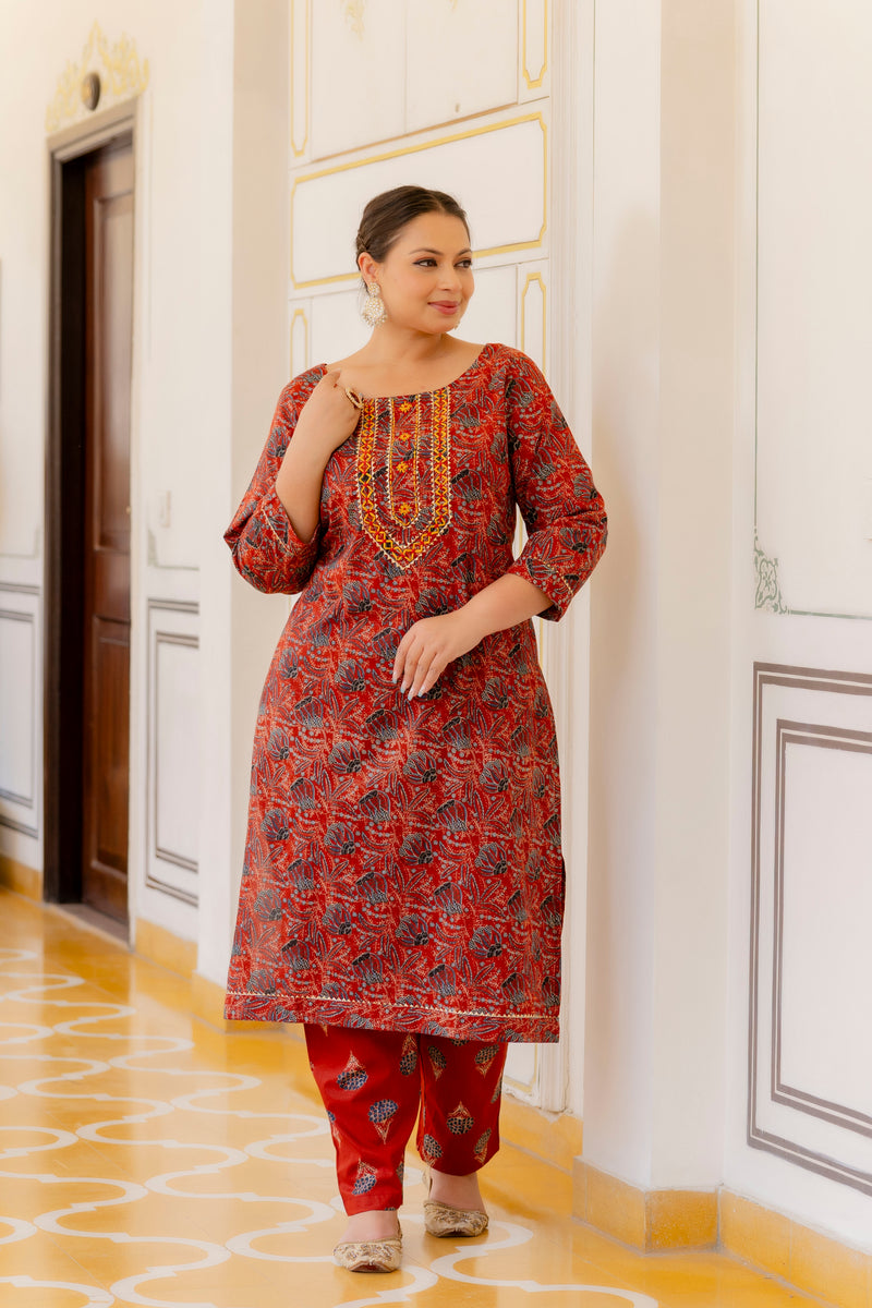 Red Printed Cotton Kurta Pant Dupatta Set for Women (Plus Size)