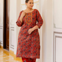 Red Printed Cotton Kurta Pant Dupatta Set for Women (Plus Size)