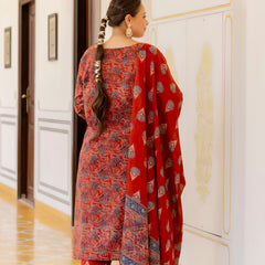 Red Printed Cotton Kurta Pant Dupatta Set for Women (Plus Size)