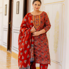Red Printed Cotton Kurta Pant Dupatta Set for Women (Plus Size)