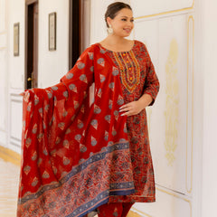 Red Printed Cotton Kurta Pant Dupatta Set for Women (Plus Size)