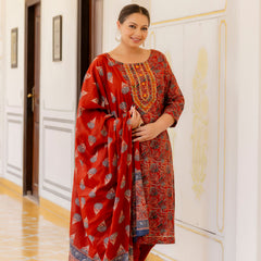 Red Printed Cotton Kurta Pant Dupatta Set for Women (Plus Size)