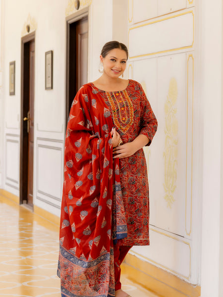 Red Printed Cotton Kurta Pant Dupatta Set for Women (Plus Size)
