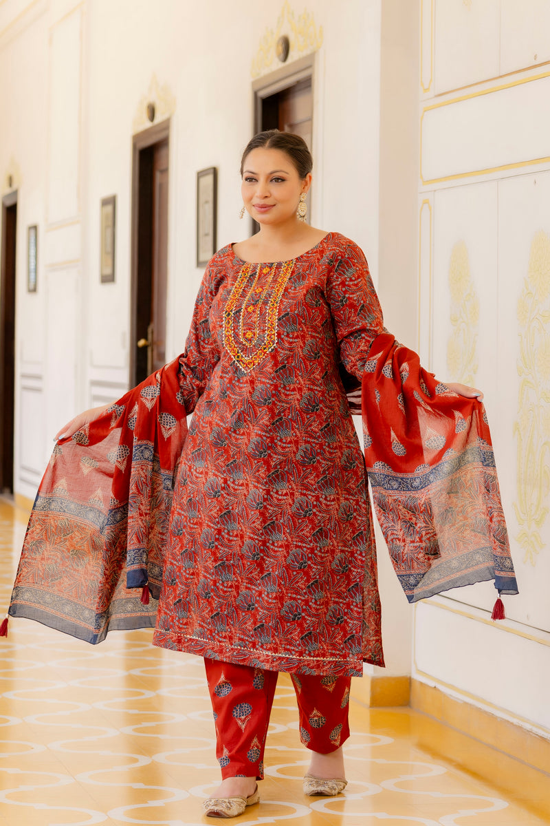 Red Printed Cotton Kurta Pant Dupatta Set for Women (Plus Size)
