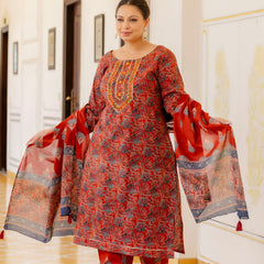 Red Printed Cotton Kurta Pant Dupatta Set for Women (Plus Size)