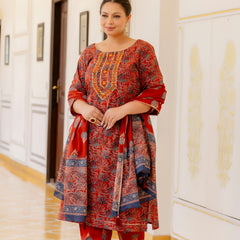 Red Printed Cotton Kurta Pant Dupatta Set for Women (Plus Size)