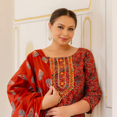 Red Printed Cotton Kurta Pant Dupatta Set for Women (Plus Size)